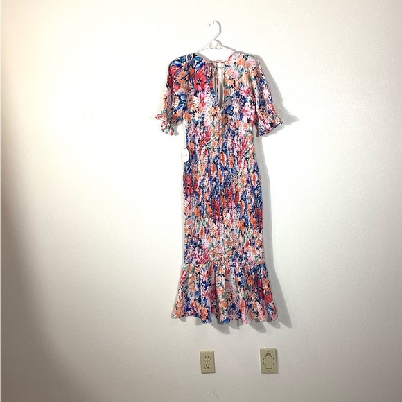 NWT Large Luxxel Multicolor Floral Midi Dress smocked body ruffle - Picture 2 of 16